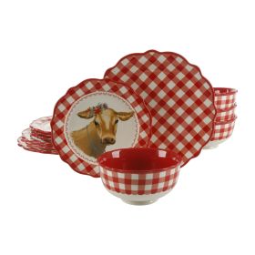 Gingham Red Stoneware 12-Piece Dinnerware Set