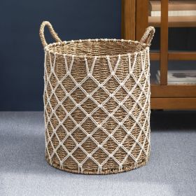 Hubertus Round Water Hyacinth Woven Basket with Handles - 15" x 15" x 15.7" - Natural Brown - For Clothes, Towels, Canvas