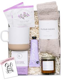 Lavender Spa Gift Set Relaxation Gifts For Women Get Well Soon Gift Basket with Scented Candle Bath Bomb Soap ( Get Well Soon  Greeting Card Clas