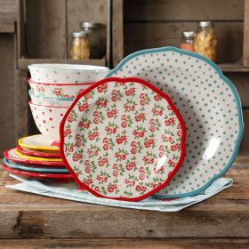 Timeless Floral Retro Dot 12-Piece Dinnerware Set, Multicolor