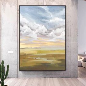 Abstract 100% Handmade Blue Sky Landscape Oil Painting Scenery Large Size Canvas Picture Gift for Living Room Decoration (size: 75x150cm)