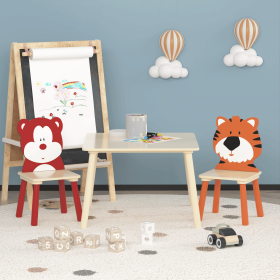 Kids Table and 2 Chairs Set, 3 Pieces Toddler Table and Chair Set, Wooden Activity Play Table Set (Pattern: Bear&Tiger, Color: Natural)